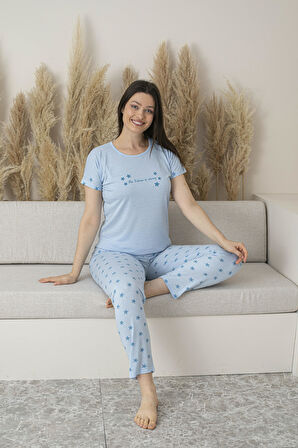 Kadın Yazlık Yıldız Desenli Kısa Kollu Viskon Pijama Takımı