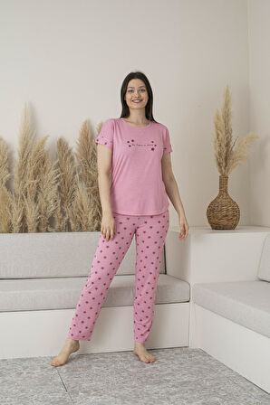 Kadın Yazlık Yıldız Desenli Kısa Kollu Viskon Pijama Takımı