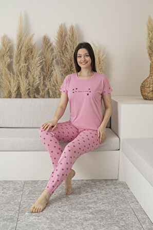 Kadın Yazlık Yıldız Desenli Kısa Kollu Viskon Pijama Takımı