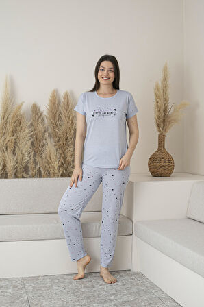 Kadın Yazlık Kalp Desenli Kısa Kollu Viskon Pijama Takımı