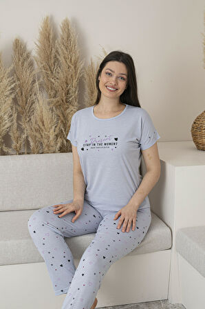 Kadın Yazlık Kalp Desenli Kısa Kollu Viskon Pijama Takımı