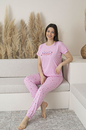 Kadın Yazlık Kalp Desenli Kısa Kollu Viskon Pijama Takımı