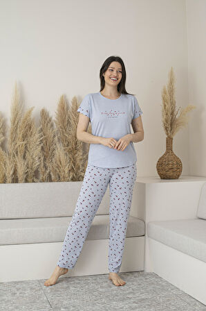 Kadın Yazlık Desenli Kısa Kollu Viskon Pijama Takımı