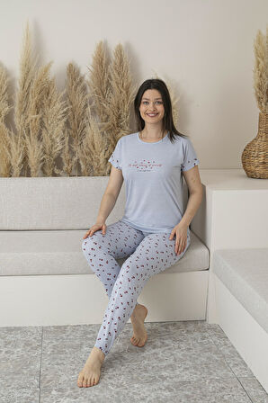 Kadın Yazlık Desenli Kısa Kollu Viskon Pijama Takımı