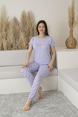 Kadın Yazlık Desenli Kısa Kollu Viskon Pijama Takımı