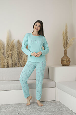 Kadın Yazlık Puantiyeli Uzun Kollu Viskon Pijama Takımı