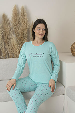 Kadın Yazlık Puantiyeli Uzun Kollu Viskon Pijama Takımı