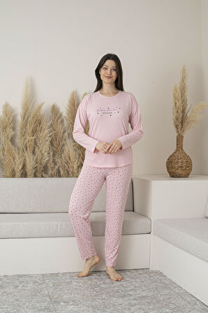 Kadın Yazlık Puantiyeli Uzun Kollu Viskon Pijama Takımı