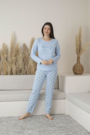 Kadın Yazlık Yıldız Desenli Uzun Kollu Viskon Pijama Takımı