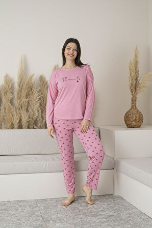 Kadın Yazlık Yıldız Desenli Uzun Kollu Viskon Pijama Takımı