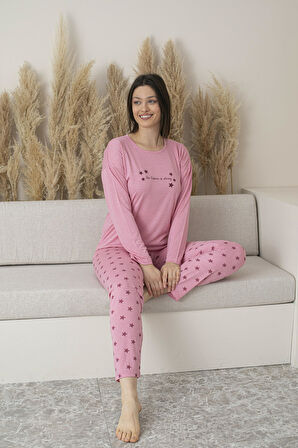 Kadın Yazlık Yıldız Desenli Uzun Kollu Viskon Pijama Takımı