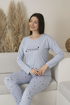 Kadın Yazlık Kalp Desenli Uzun Kollu Viskon Pijama Takımı
