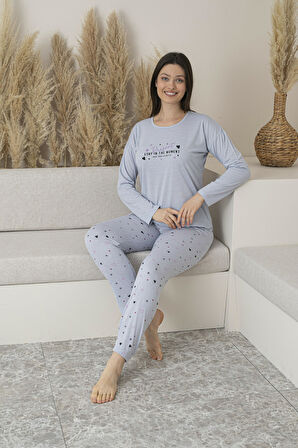 Kadın Yazlık Kalp Desenli Uzun Kollu Viskon Pijama Takımı