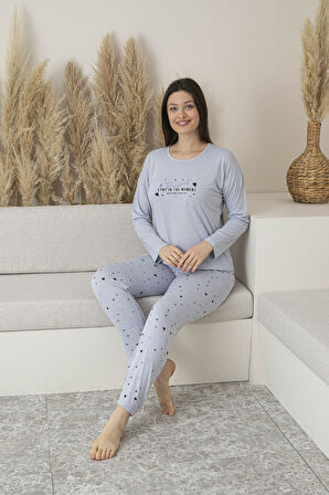 Kadın Yazlık Kalp Desenli Uzun Kollu Viskon Pijama Takımı
