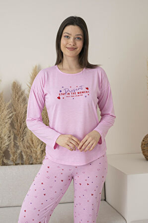 Kadın Yazlık Kalp Desenli Uzun Kollu Viskon Pijama Takımı