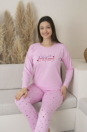 Kadın Yazlık Kalp Desenli Uzun Kollu Viskon Pijama Takımı