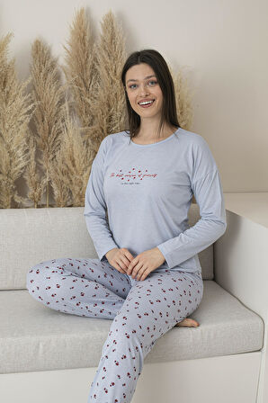 Kadın Yazlık Desenli Uzun Kollu Viskon Pijama Takımı