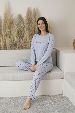 Kadın Yazlık Desenli Uzun Kollu Viskon Pijama Takımı
