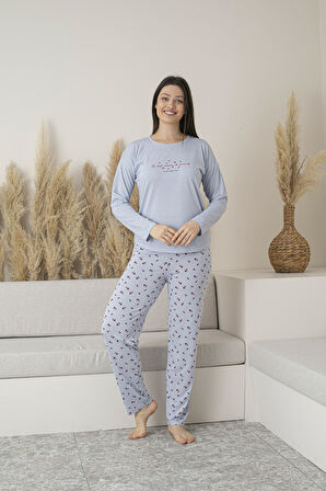 Kadın Yazlık Desenli Uzun Kollu Viskon Pijama Takımı