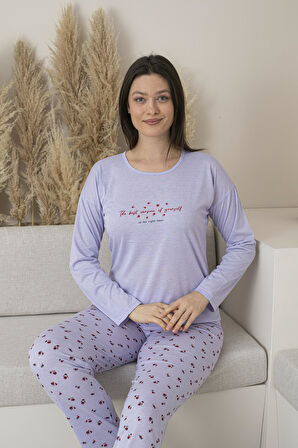 Kadın Yazlık Desenli Uzun Kollu Viskon Pijama Takımı