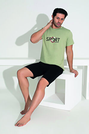 Erkek Yazlık Sport Baskılı Kısa Kollu Şortlu Penye Pijama Takımı