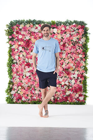 Erkek Yazlık KLYN Baskılı Kısa Kollu Şortlu Penye Pijama Takımı