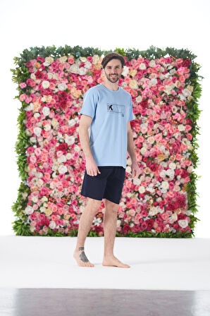 Erkek Yazlık KLYN Baskılı Kısa Kollu Şortlu Penye Pijama Takımı