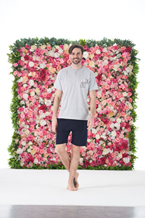 Erkek Yazlık NY Baskılı Kısa Kollu Düğmeli Şortlu Penye Pijama Takımı