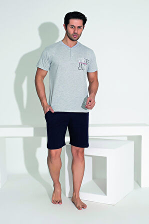 Erkek Yazlık NY Baskılı Kısa Kollu Düğmeli Şortlu Penye Pijama Takımı