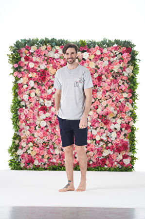 Erkek Yazlık NY Baskılı Kısa Kollu Düğmeli Şortlu Penye Pijama Takımı