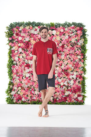 Erkek Yazlık Run Baskılı Kısa Kollu Düğmeli Şortlu Penye Pijama Takımı