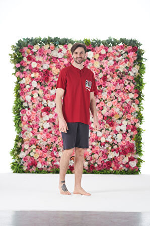 Erkek Yazlık Run Baskılı Kısa Kollu Düğmeli Şortlu Penye Pijama Takımı