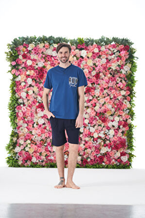 Erkek Yazlık Run Baskılı Kısa Kollu Düğmeli Şortlu Penye Pijama Takımı