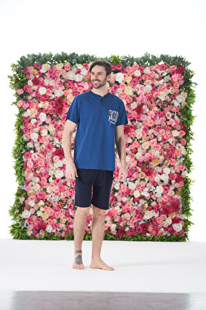 Erkek Yazlık Run Baskılı Kısa Kollu Düğmeli Şortlu Penye Pijama Takımı