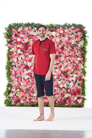 Erkek Yazlık Armalı Kısa Kollu Düğmeli Kaprili Penye Pijama Takımı