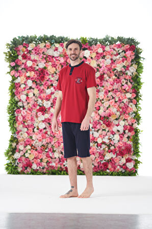 Erkek Yazlık Armalı Kısa Kollu Düğmeli Kaprili Penye Pijama Takımı