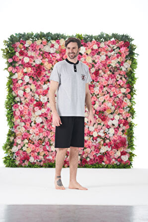 Erkek Yazlık Armalı Kısa Kollu Düğmeli Kaprili Penye Pijama Takımı