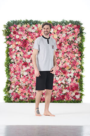 Erkek Yazlık Armalı Kısa Kollu Düğmeli Kaprili Penye Pijama Takımı