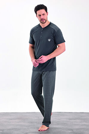 Erkek Yazlık Desenli Kısa Kollu Düğmeli Penye Pijama Takımı