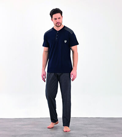 Erkek Yazlık Desenli Kısa Kollu Düğmeli Penye Pijama Takımı