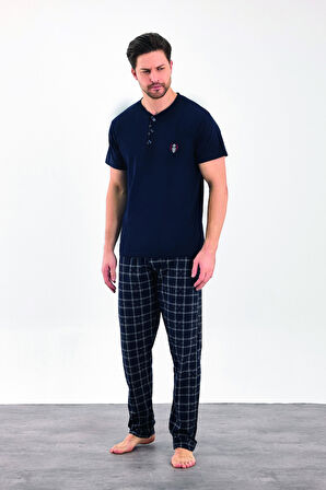 Erkek Yazlık Kareli Kısa Kollu Düğmeli Penye Pijama Takımı