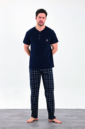 Erkek Yazlık Kareli Kısa Kollu Düğmeli Penye Pijama Takımı