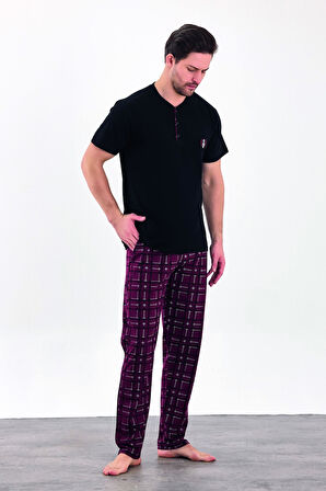 Erkek Yazlık Kareli Kısa Kollu Düğmeli Penye Pijama Takımı