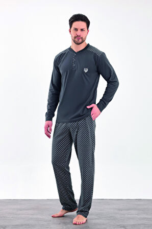 Erkek Yazlık Desenli Uzun Kollu Düğmeli Penye Pijama Takımı
