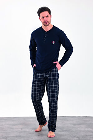 Erkek Yazlık Kareli Uzun Kollu Düğmeli Penye Pijama Takımı