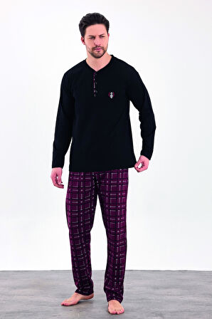 Erkek Yazlık Kareli Uzun Kollu Düğmeli Penye Pijama Takımı
