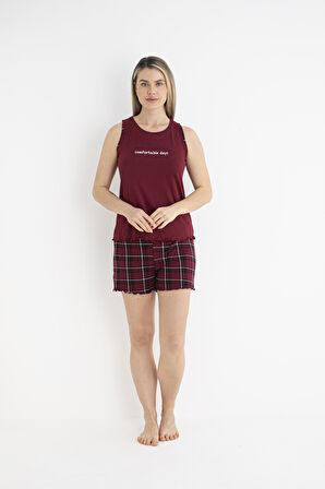 Kadın Yazlık Kareli Kolsuz Şortlu Soft Pijama Takımı - Bordo