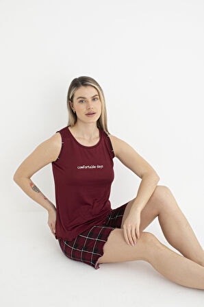Kadın Yazlık Kareli Kolsuz Şortlu Soft Pijama Takımı - Bordo