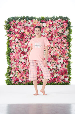 Kadın Yazlık Kareli Kısa Kollu Kaprili Penye Lycra Pijama Takımı - Pembe