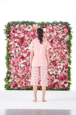 Kadın Yazlık Kareli Kısa Kollu Kaprili Penye Lycra Pijama Takımı - Pembe